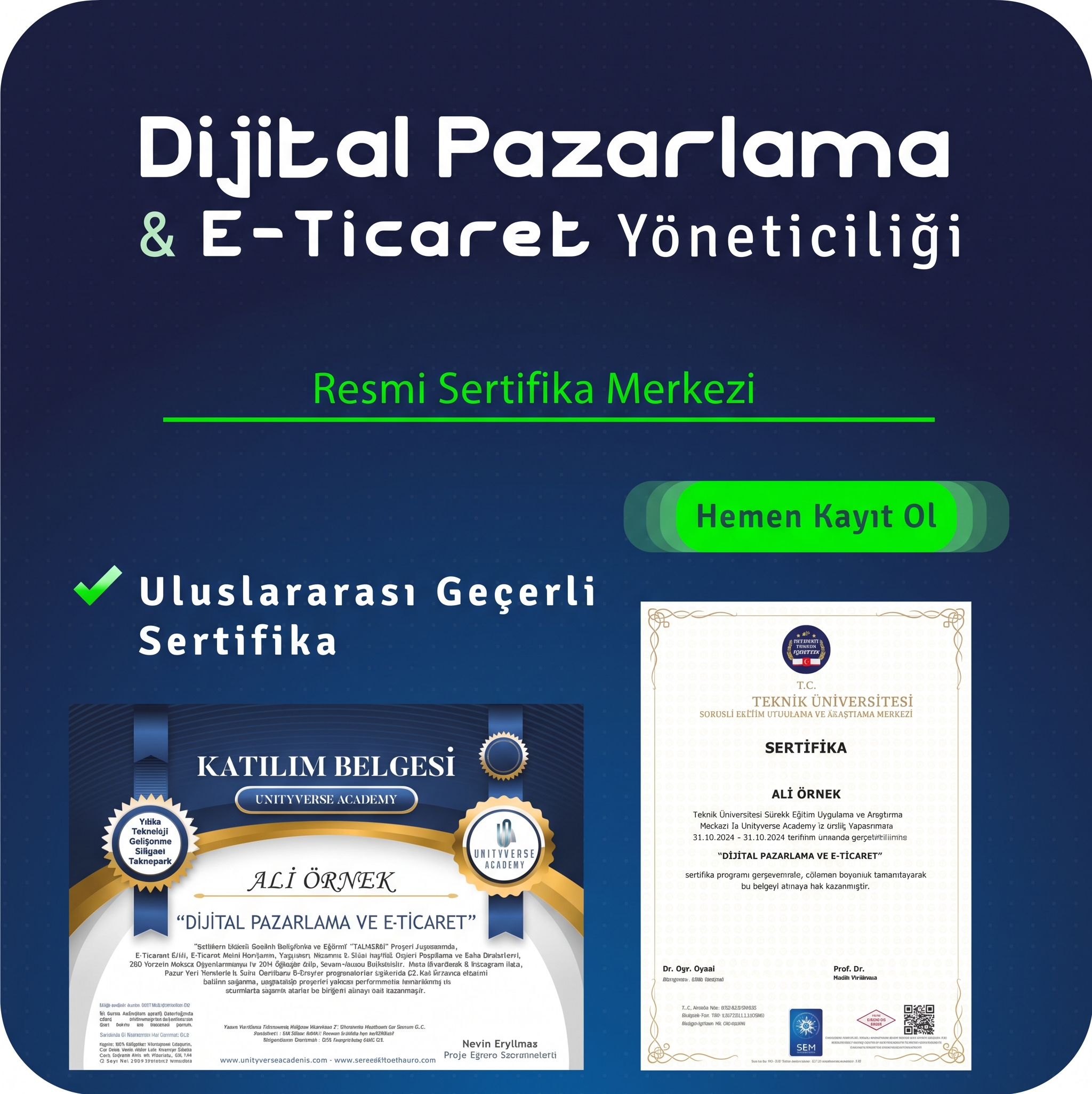 Dijital Pazarlama, Pazar Yeri ve E-Ticaret Yöneticiliği Eğitimi 25 Saat Özel Ders